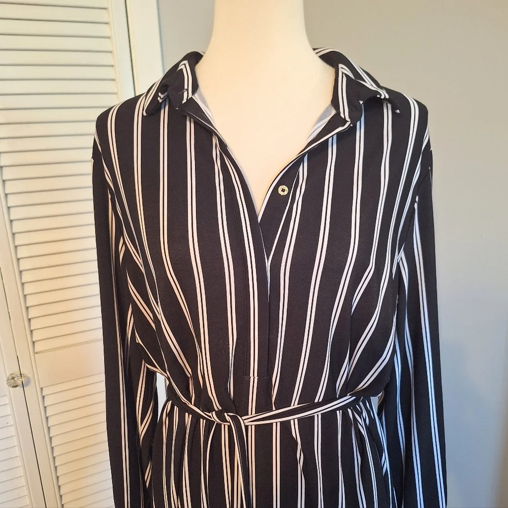 Jones New York Black and White Striped Long Sleeve Shirt Dress Sz 16 - Picture 3 of 6